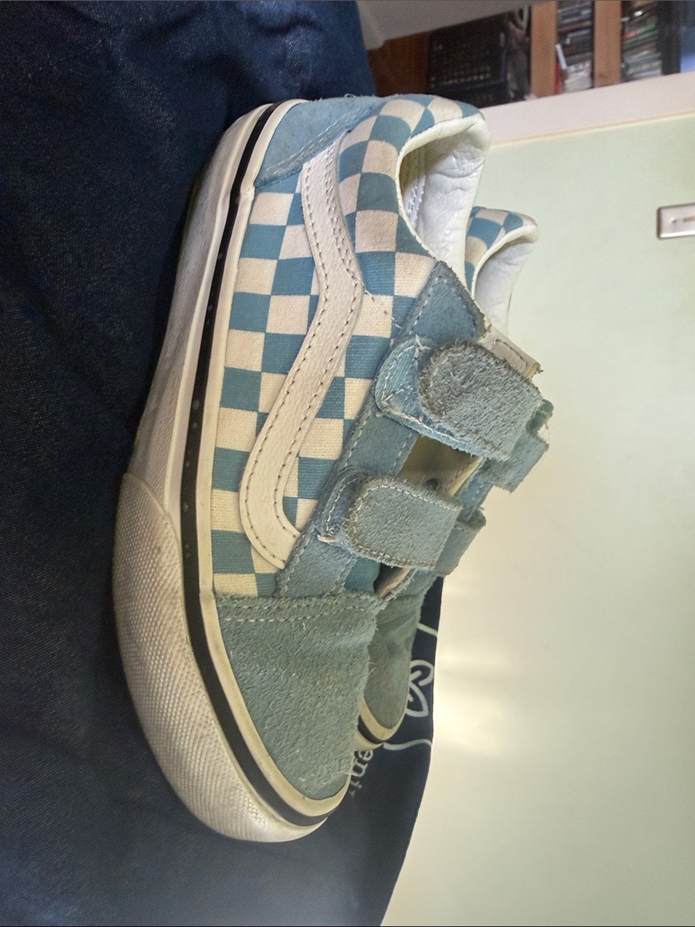 Vans Kids Checkerboard Velcro Sneakers - Light Blue & White